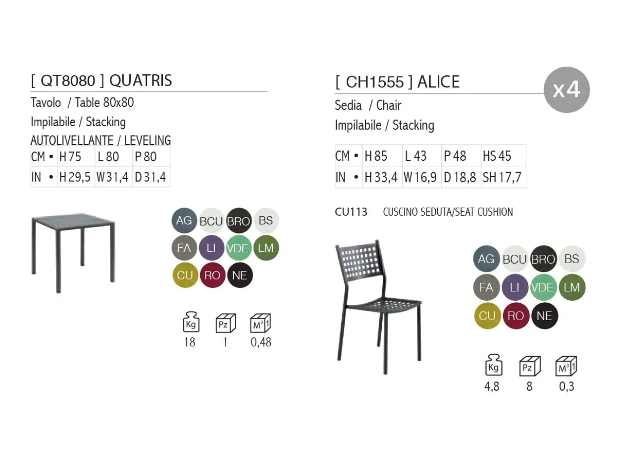 Set da giardino Quatris 80 con 4 Sedie Alice