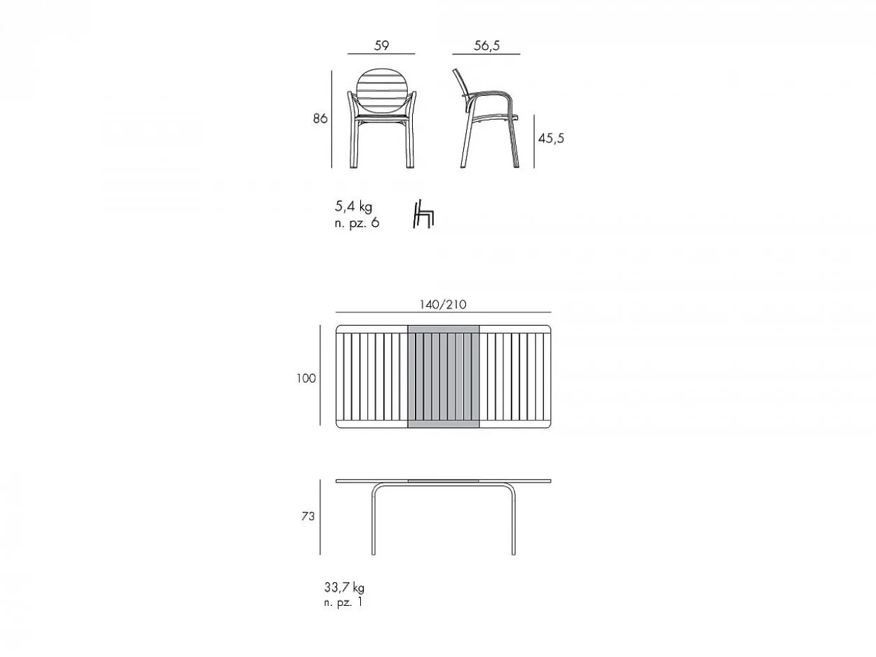Set tavolo Alloro 140/210 con 4 poltrone Palma