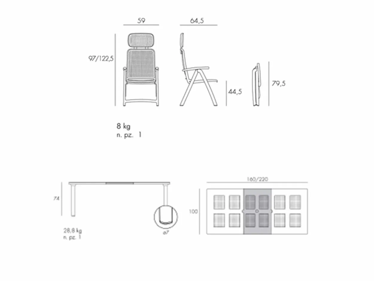 Set tavolo Libeccio 160/220 con 6 poltrone Acquamarina