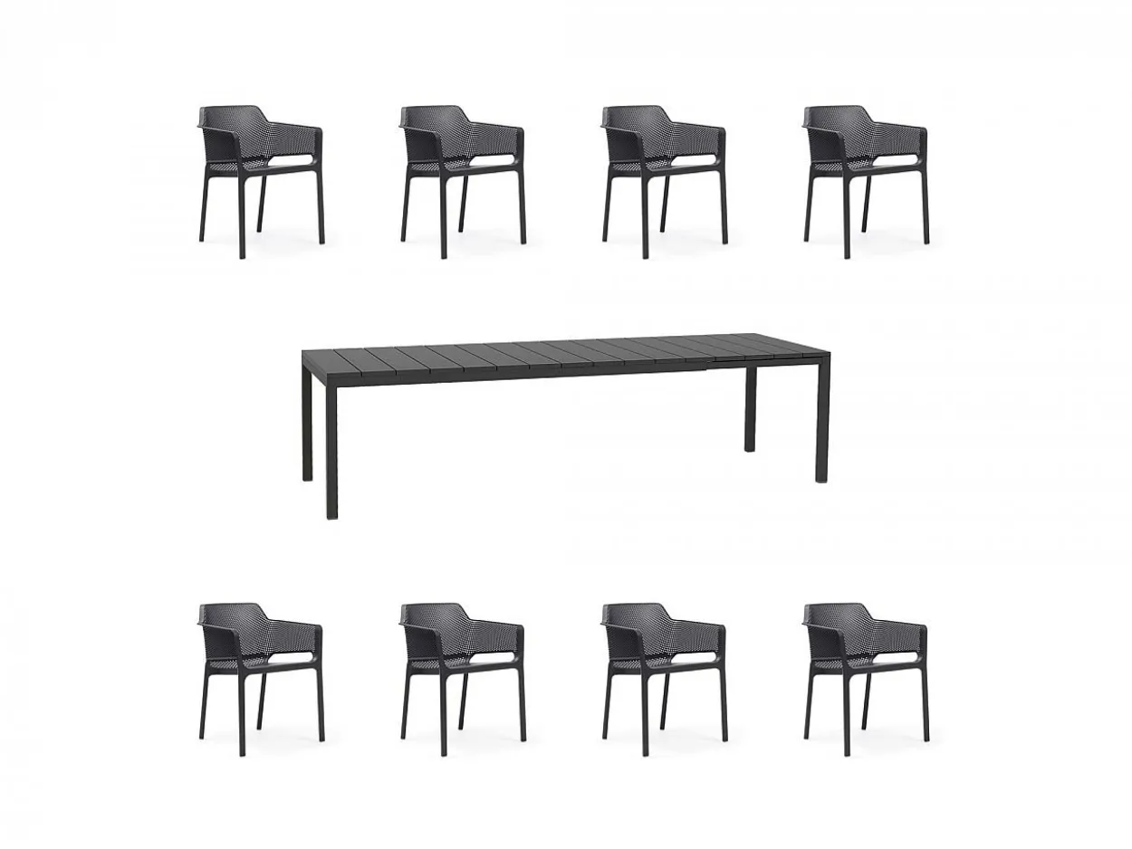 Set tavolo Rio 210/280 Alluminio con 8 sedie Net